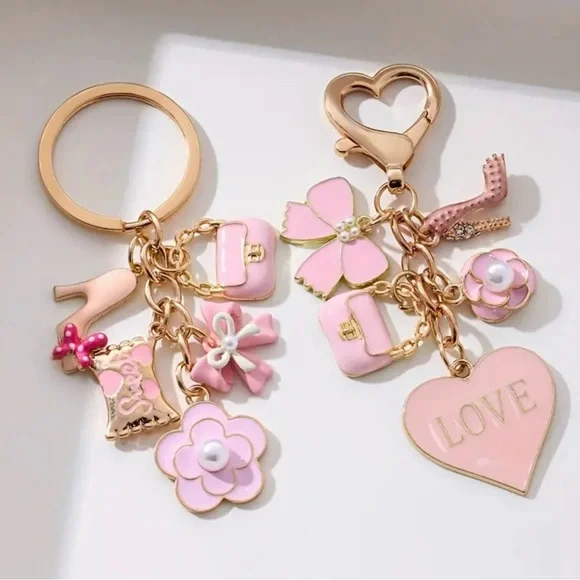 Pink Mini Bag Charm Keychain - Adorable Metal Round Love Theme Keyring - Picture 2 of 5